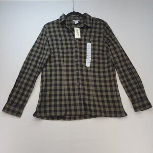 Duluth Free Swingin Flannel Shirt Womens Medium Olive Green Black Buffalo Check